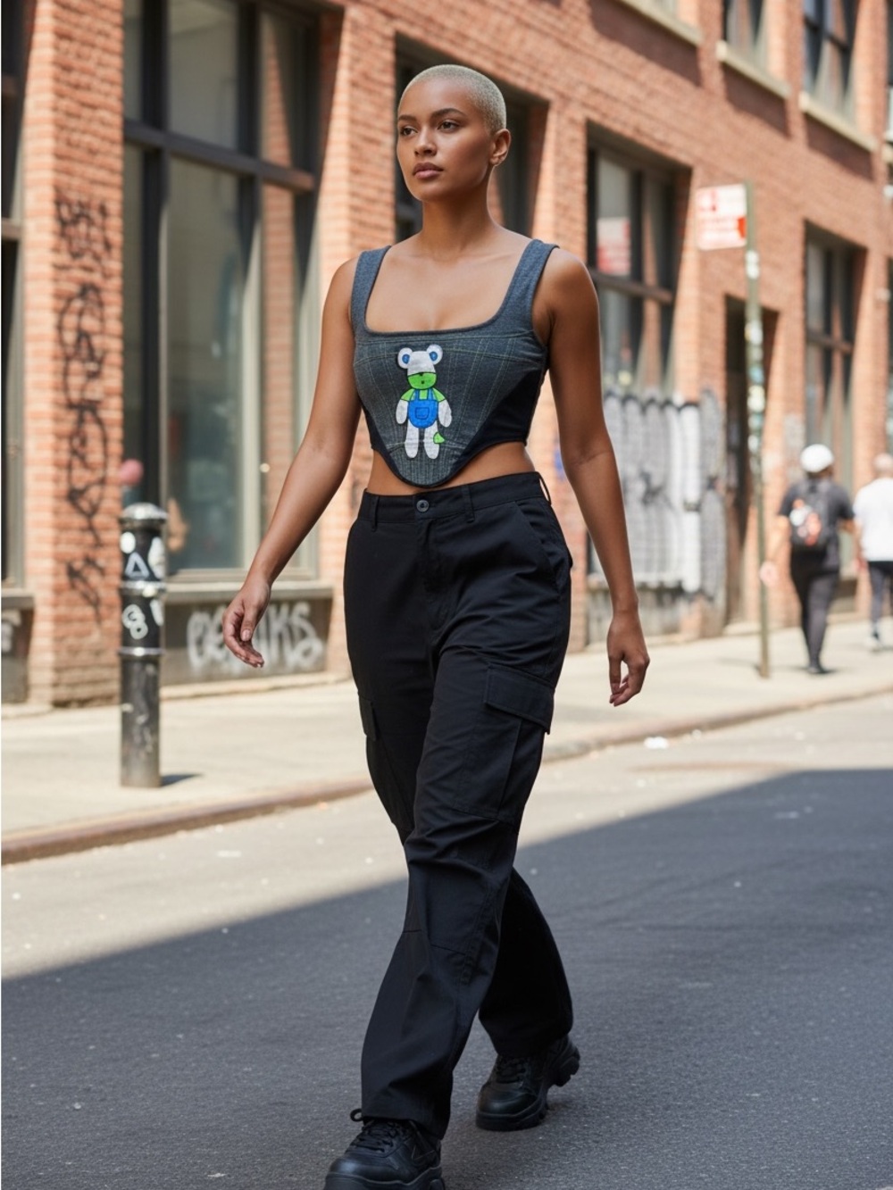 AKIRA NWT Y2K Graphic Bear Corset Crop Top Zip Front Grey Size M